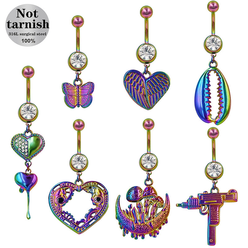 Retro Punk Butterfly & Heart Belly Rings - Stainless Steel & Alloy, Gold/Silver Plated, Resin Inlay