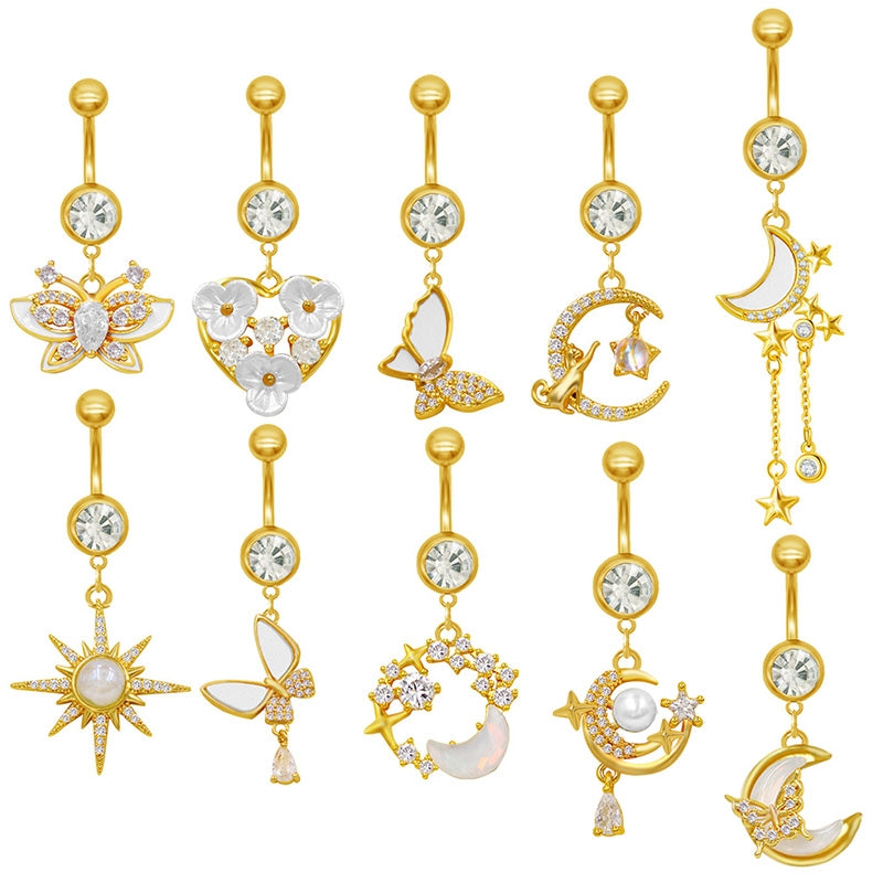 1 Piece Belly Rings Classic Star Heart Butterfly Design 316 Stainless Steel Alloy with Resin Rhinestones Glass Gold Plated