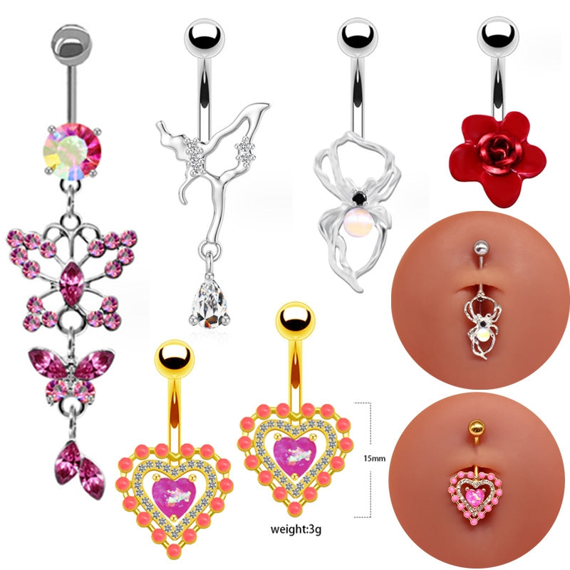 Heart Shape Flower & Butterfly Belly Ring - Stainless Steel with Rhinestones