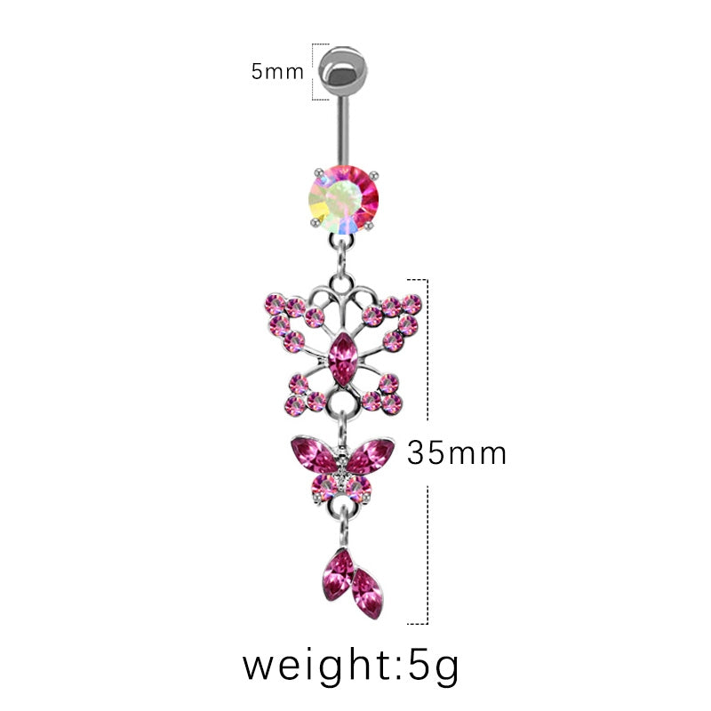 Heart Shape Flower & Butterfly Belly Ring - Stainless Steel with Rhinestones