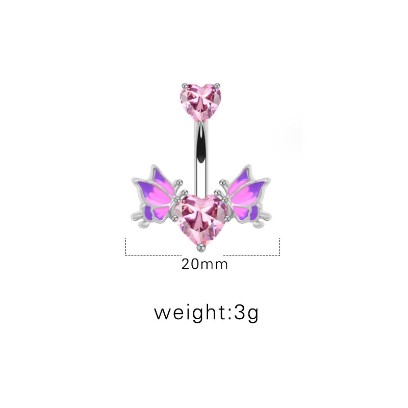 Heart Shape Butterfly Wing Belly Ring - 316 Stainless Steel with Rhinestones, White Gold Plated