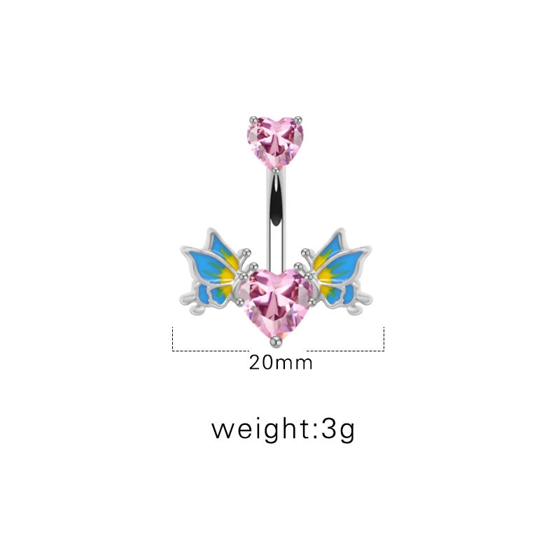 Heart Shape Butterfly Wing Belly Ring - 316 Stainless Steel with Rhinestones, White Gold Plated