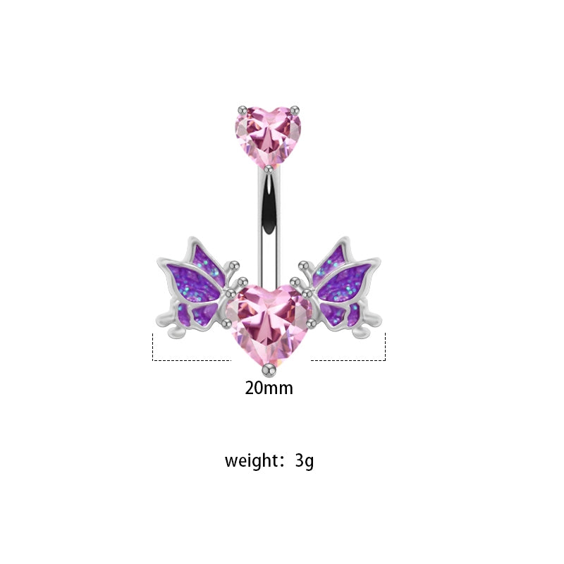 1 Piece Belly Rings Sexy Heart Shape Wings Butterfly 316 Stainless Steel  Alloy Inlay Rhinestones Glass White Gold Plated