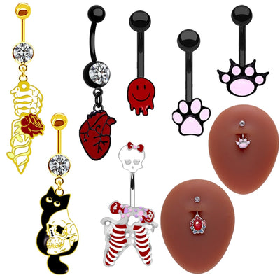 Punk Animal Paw Print Skull Belly Ring - Stainless Steel with Rhinestones and Enamel Plating