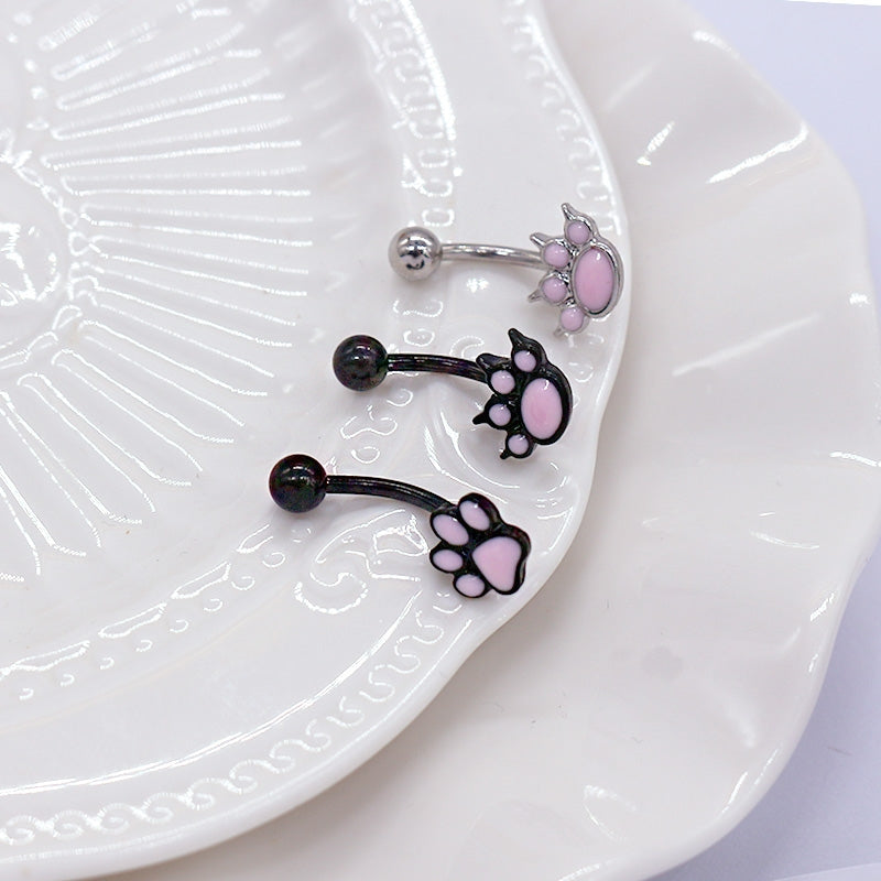 Punk Animal Paw Print Skull Belly Ring - Stainless Steel with Rhinestones and Enamel Plating