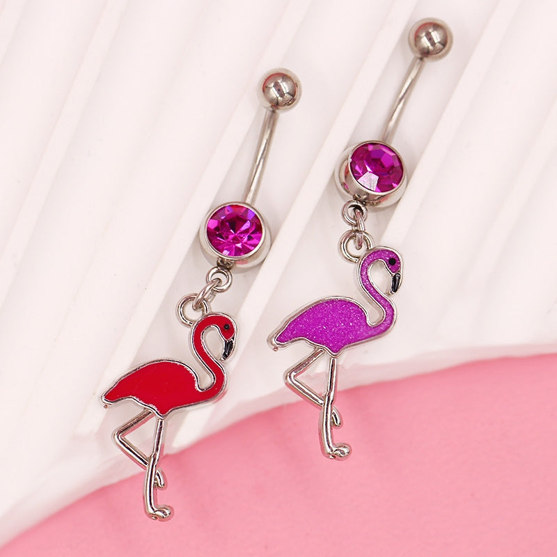 Flamingo and Cat Claw Navel Ring with Rhinestones and Gold Plating