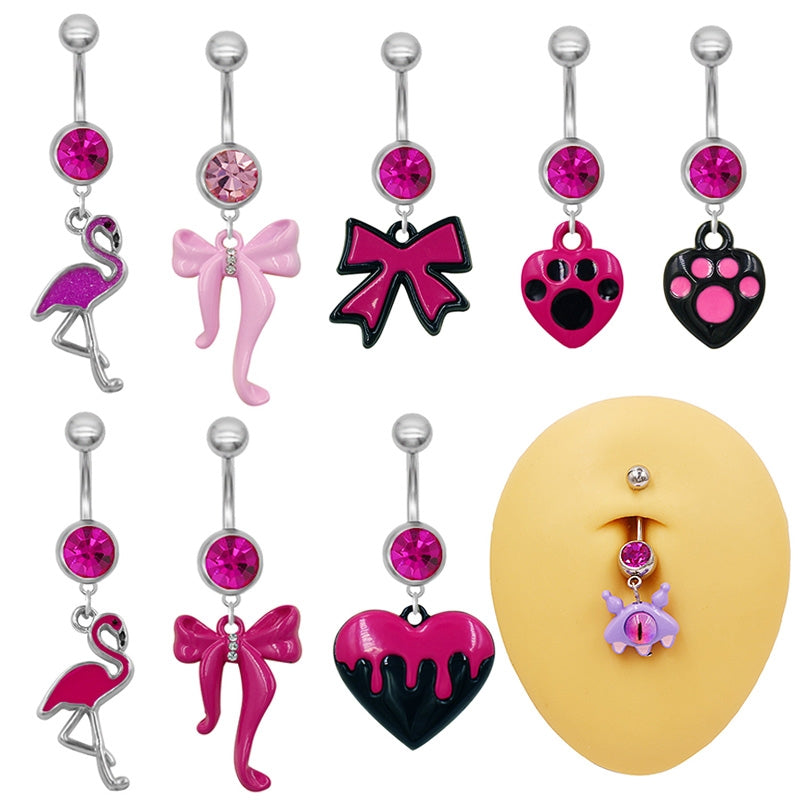 Flamingo and Cat Claw Navel Ring with Rhinestones and Gold Plating