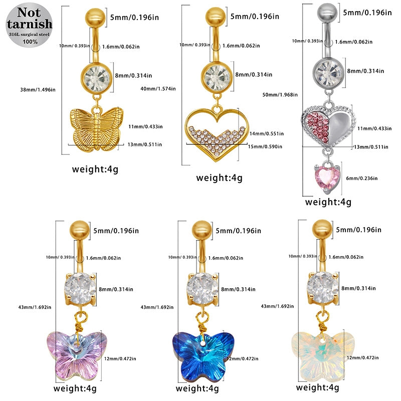 1 Piece Belly Rings Simple Style Classic Style Heart Shape 316 Stainless Steel  Alloy Plating Inlay Resin Glass Gold Plated Silver Plated