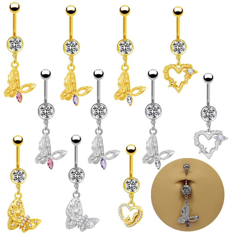 Heart Butterfly Belly Ring - 316 Stainless Steel with Resin Rhinestones, Gold & White Gold Plated