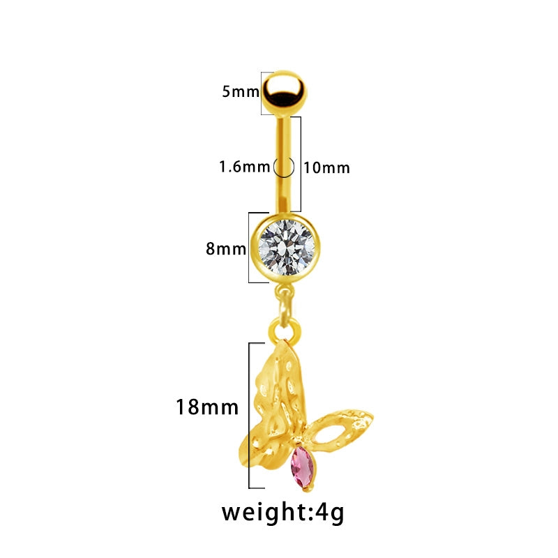 Heart Butterfly Belly Ring - 316 Stainless Steel with Resin Rhinestones, Gold & White Gold Plated