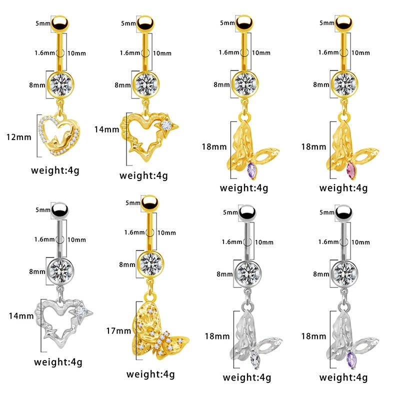 Heart Butterfly Belly Ring - 316 Stainless Steel with Resin Rhinestones, Gold & White Gold Plated