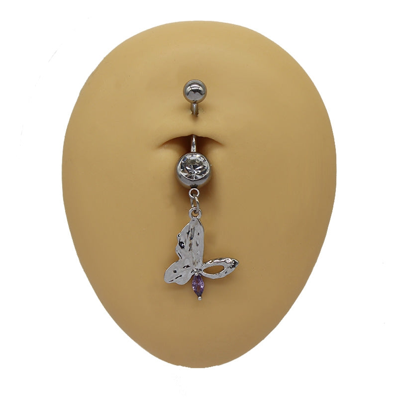 Heart Butterfly Belly Ring - 316 Stainless Steel with Resin Rhinestones, Gold & White Gold Plated