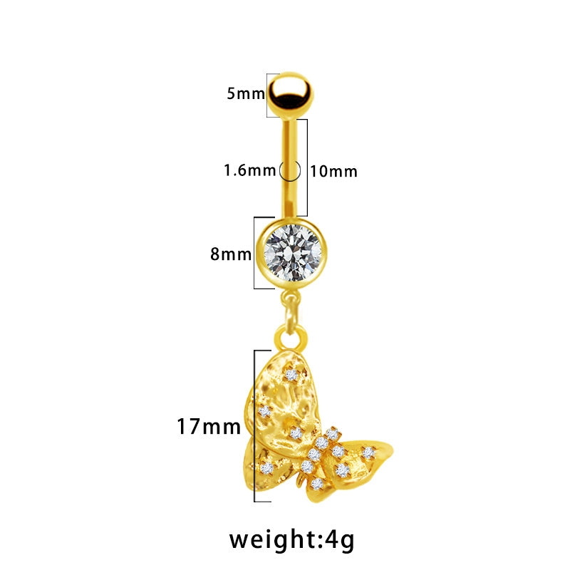 Heart Butterfly Belly Ring - 316 Stainless Steel with Resin Rhinestones, Gold & White Gold Plated