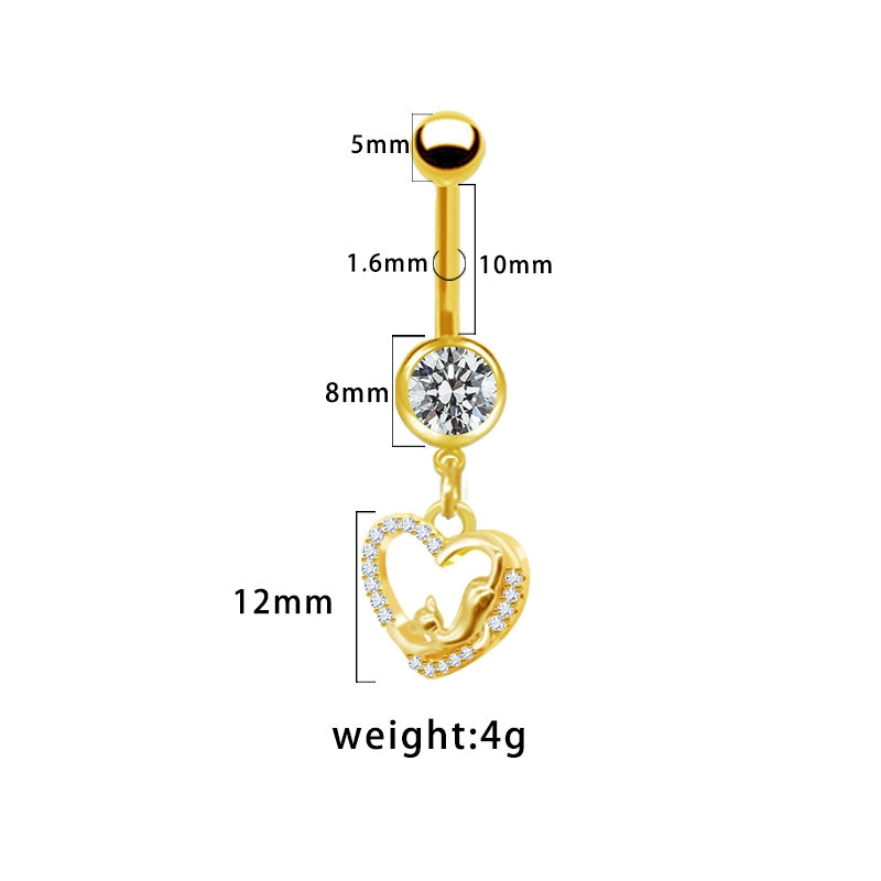 Heart Butterfly Belly Ring - 316 Stainless Steel with Resin Rhinestones, Gold & White Gold Plated