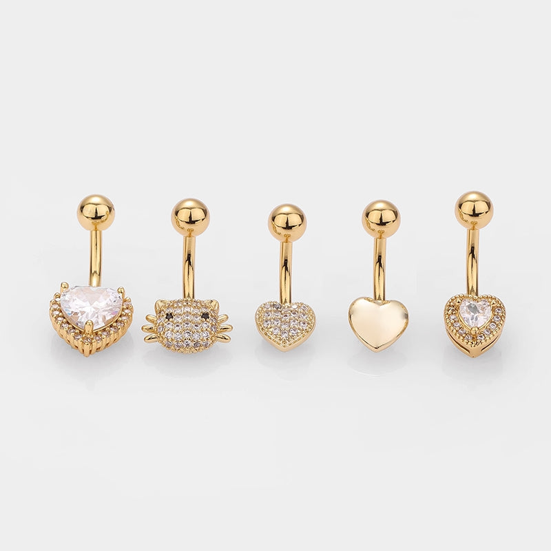 1 Piece Belly Rings Simple Style Classic Style Heart Shape Cat 316L Stainless Steel  Plating Inlay Zircon 14K Gold Plated Belly Rings