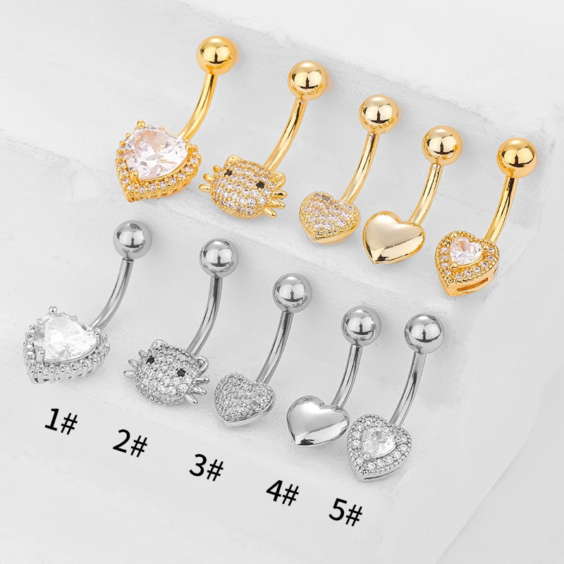 1 Piece Belly Rings Simple Style Classic Style Heart Shape Cat 316L Stainless Steel  Plating Inlay Zircon 14K Gold Plated Belly Rings