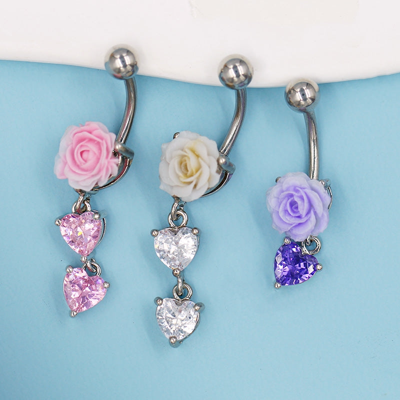 1 Piece Belly Rings Simple Style Classic Style Heart Shape Rose Bow Knot 316 Stainless Steel  Alloy Plating Inlay Resin Rhinestones Glass White Gold Plated