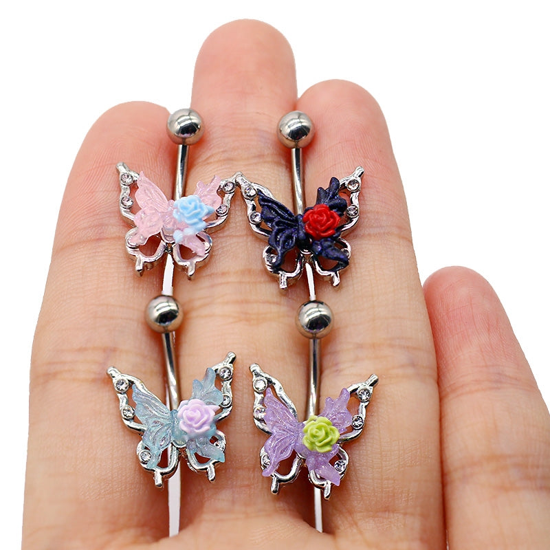 Rose Butterfly Belly Button Ring - 316 Stainless Steel with Acrylic Rhinestones, White Gold Plated