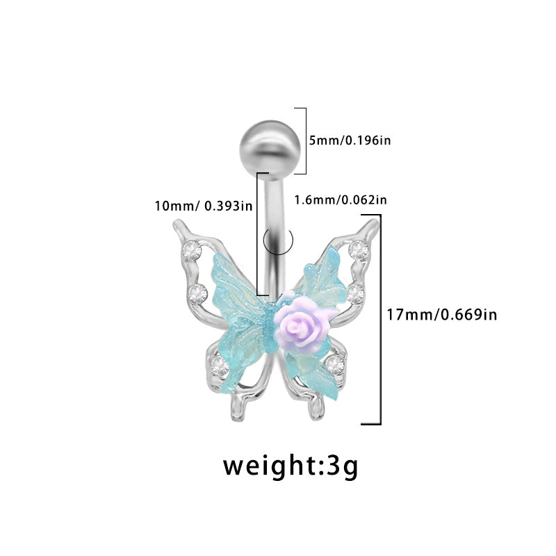 Rose Butterfly Belly Button Ring - 316 Stainless Steel with Acrylic Rhinestones, White Gold Plated