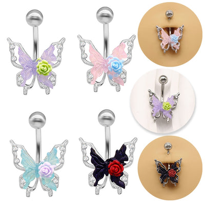 Rose Butterfly Belly Button Ring - 316 Stainless Steel with Acrylic Rhinestones, White Gold Plated