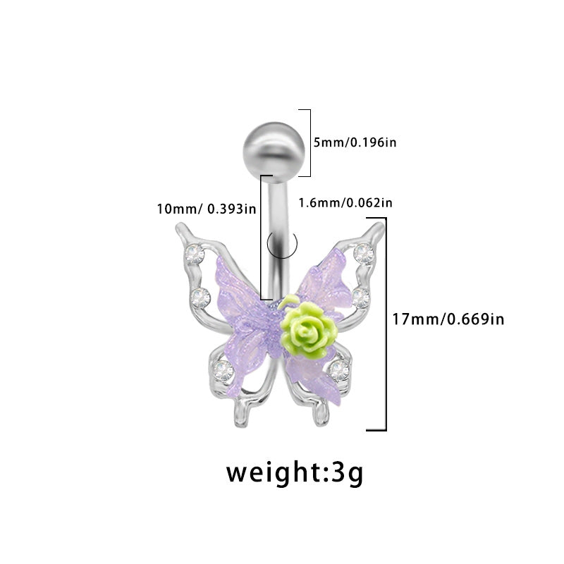 Rose Butterfly Belly Button Ring - 316 Stainless Steel with Acrylic Rhinestones, White Gold Plated