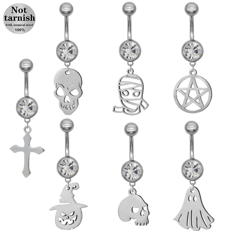 Star Skull Belly Ring 316 Stainless Steel with Resin Glass Inlay, Gold and Silver Plated