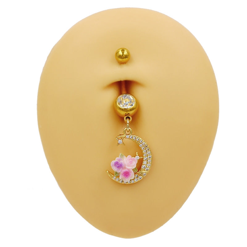 Moon Design Belly Ring - 316 Stainless Steel with Resin Rhinestones and Gold Plating