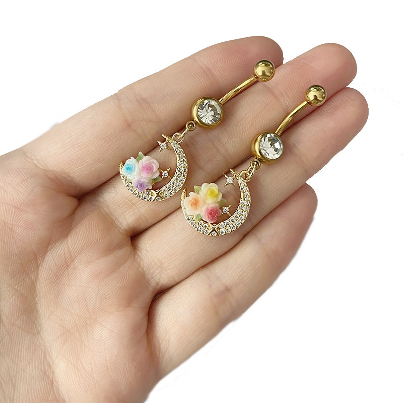 Moon Design Belly Ring - 316 Stainless Steel with Resin Rhinestones and Gold Plating