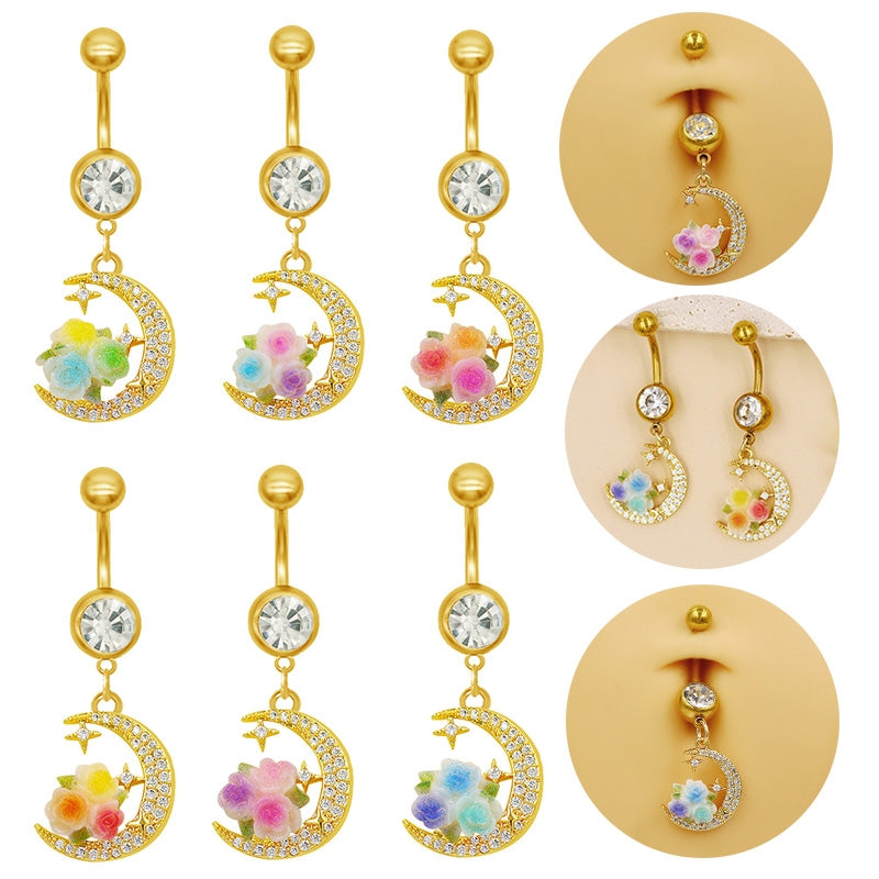 Moon Design Belly Ring - 316 Stainless Steel with Resin Rhinestones and Gold Plating