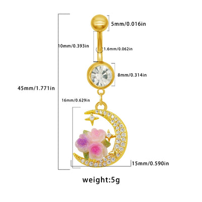 Moon Design Belly Ring - 316 Stainless Steel with Resin Rhinestones and Gold Plating