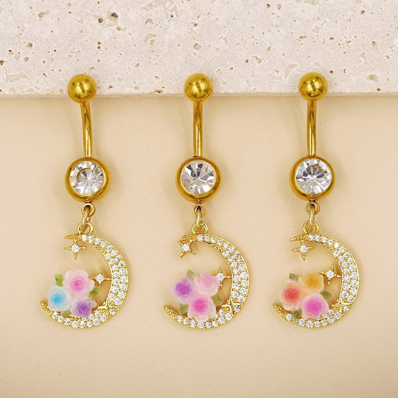 Moon Design Belly Ring - 316 Stainless Steel with Resin Rhinestones and Gold Plating