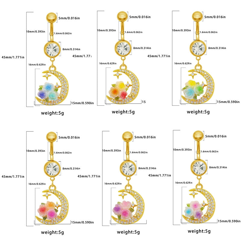 Moon Design Belly Ring - 316 Stainless Steel with Resin Rhinestones and Gold Plating