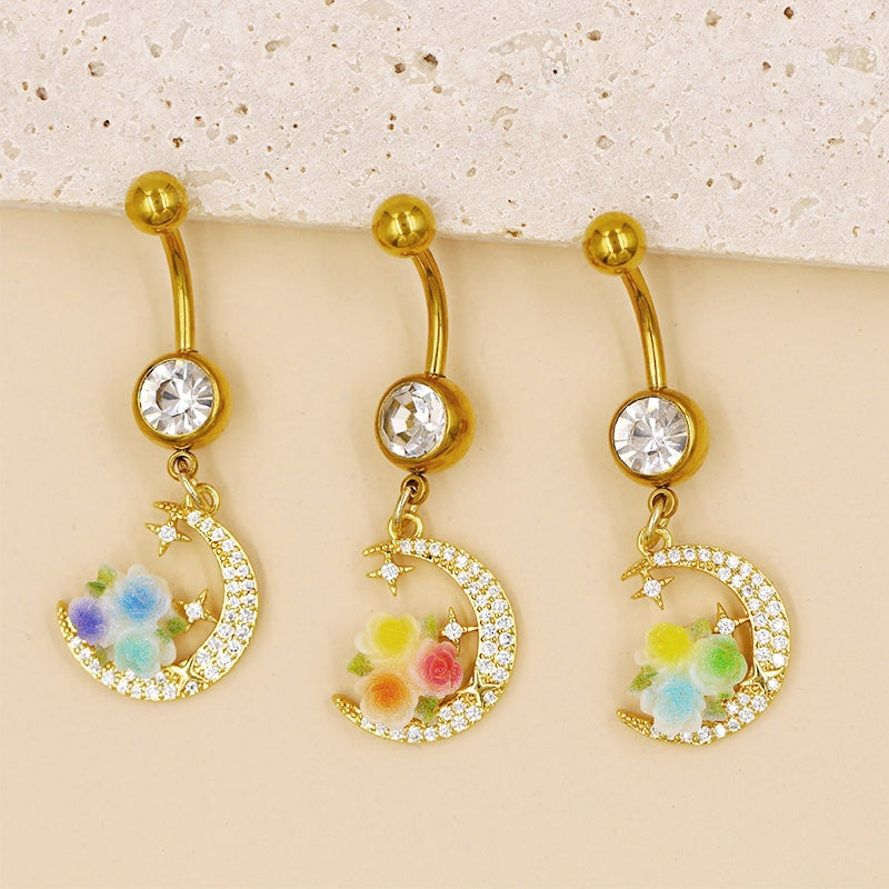 Moon Design Belly Ring - 316 Stainless Steel with Resin Rhinestones and Gold Plating
