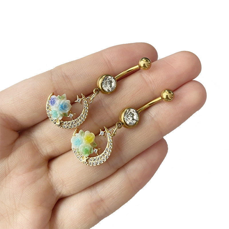Moon Design Belly Ring - 316 Stainless Steel with Resin Rhinestones and Gold Plating