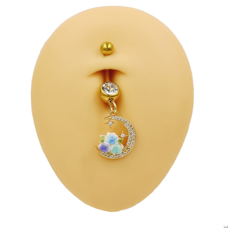 Moon Design Belly Ring - 316 Stainless Steel with Resin Rhinestones and Gold Plating