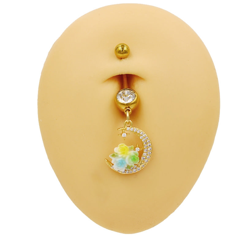 Moon Design Belly Ring - 316 Stainless Steel with Resin Rhinestones and Gold Plating