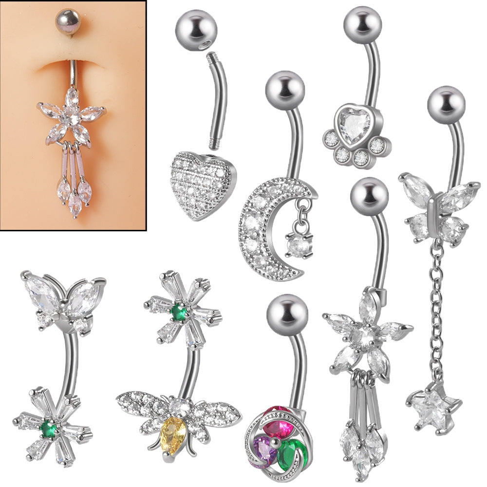 Flower Butterfly Zircon Belly Ring with Copper Inlay and Stainless Steel