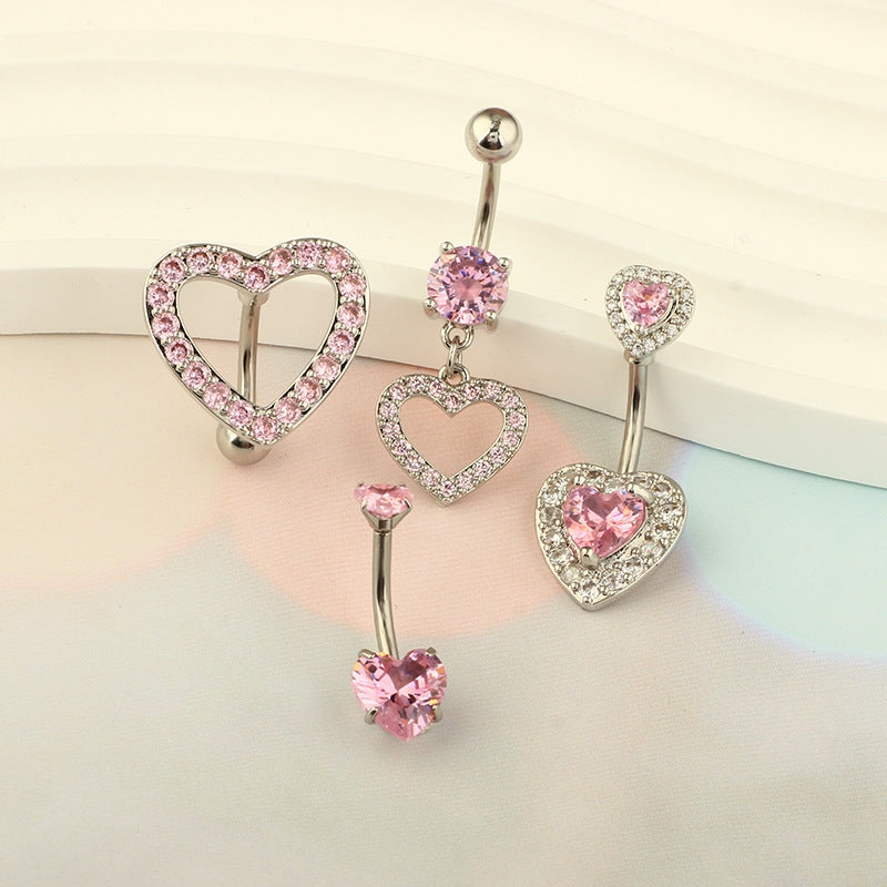 Heart Shape Zircon Inlay Stainless Steel Belly Ring Set