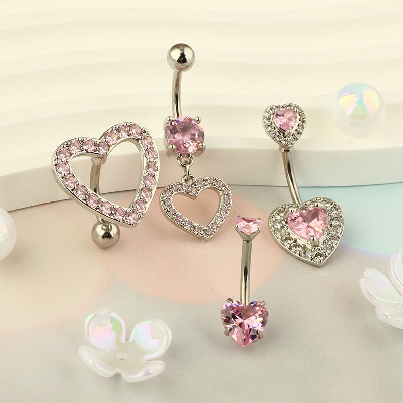 Heart Shape Zircon Inlay Stainless Steel Belly Ring Set