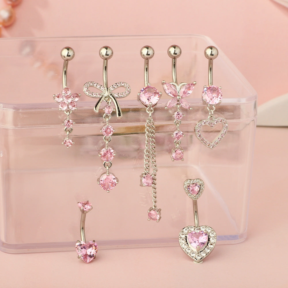 Heart Shape Zircon Inlay Stainless Steel Belly Ring with Pink Butterfly Pendant