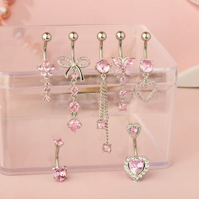 Heart Shape Zircon Inlay Stainless Steel Belly Ring with Pink Butterfly Pendant