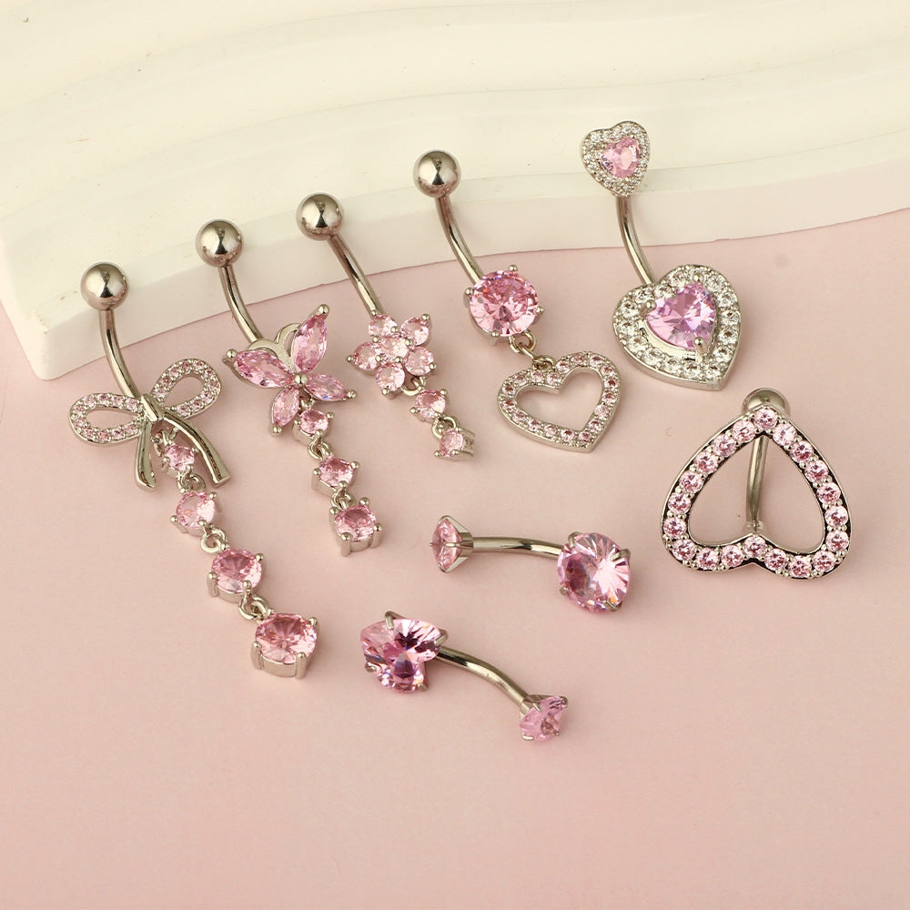 Heart Shape Zircon Inlay Stainless Steel Belly Ring with Pink Butterfly Pendant