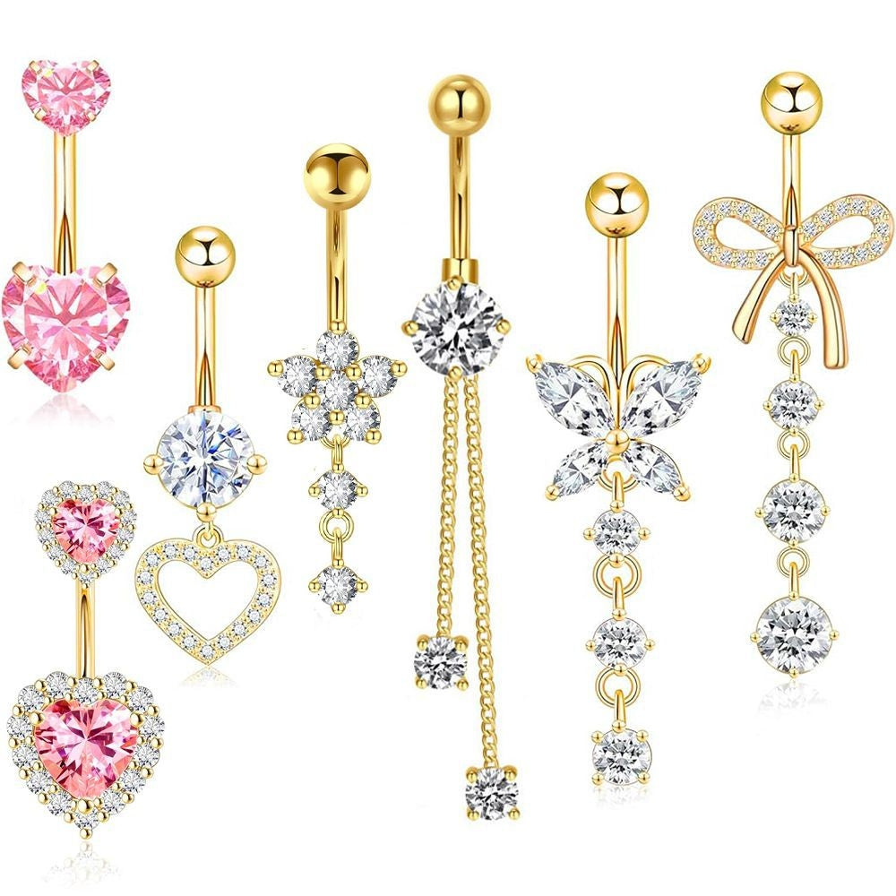 1 Piece Heart & Butterfly Zircon Inlay Stainless Steel Belly Ring Set