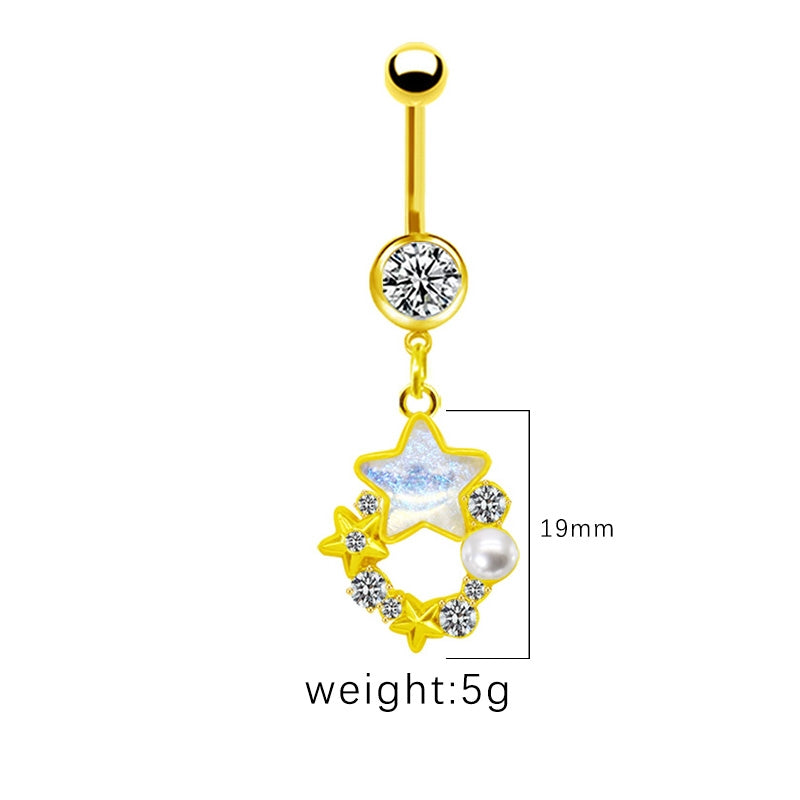 Gold Plated Heart & Star Belly Ring with Rhinestones and Wings Design