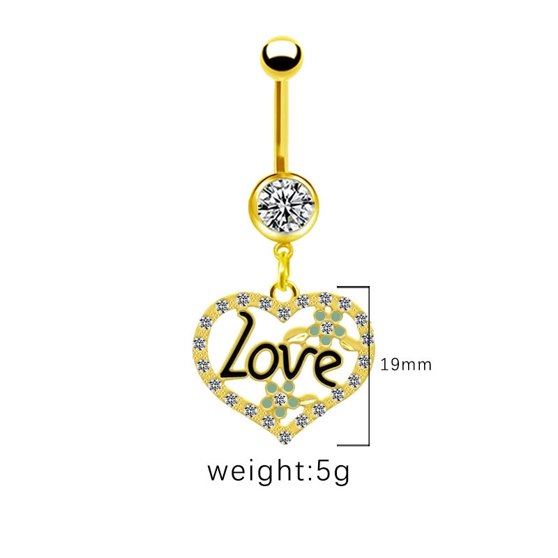 Gold Plated Heart & Star Belly Ring with Rhinestones and Wings Design