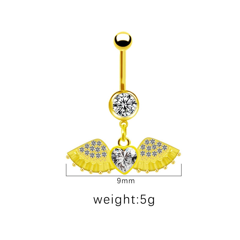 Gold Plated Heart & Star Belly Ring with Rhinestones and Wings Design