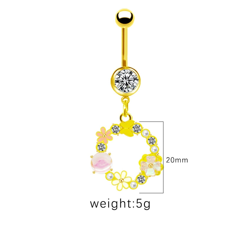 Gold Plated Heart & Star Belly Ring with Rhinestones and Wings Design