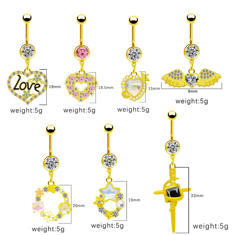 Gold Plated Heart & Star Belly Ring with Rhinestones and Wings Design