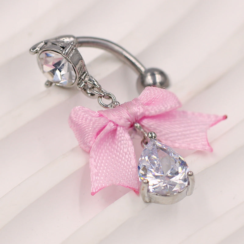 1 Piece Belly Rings Vacation Shiny Heart Shape Bow Knot 316 Stainless Steel  Alloy Inlay Rhinestones Glass Gold Plated