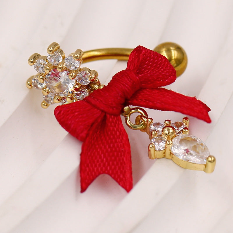 1 Piece Belly Rings Vacation Shiny Heart Shape Bow Knot 316 Stainless Steel  Alloy Inlay Rhinestones Glass Gold Plated